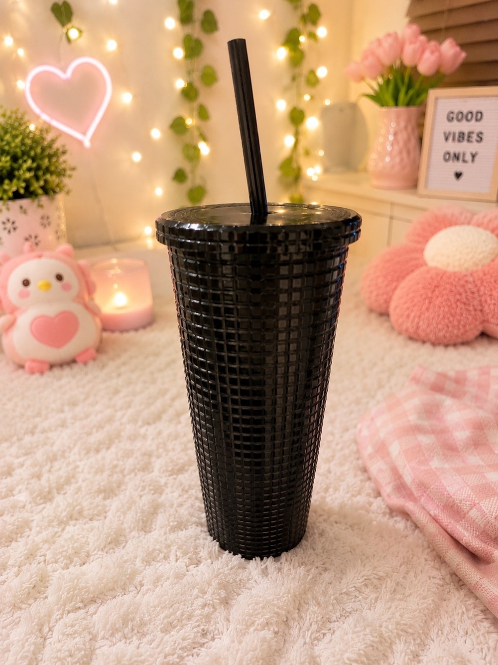 Textured Black Tumbler with Straw